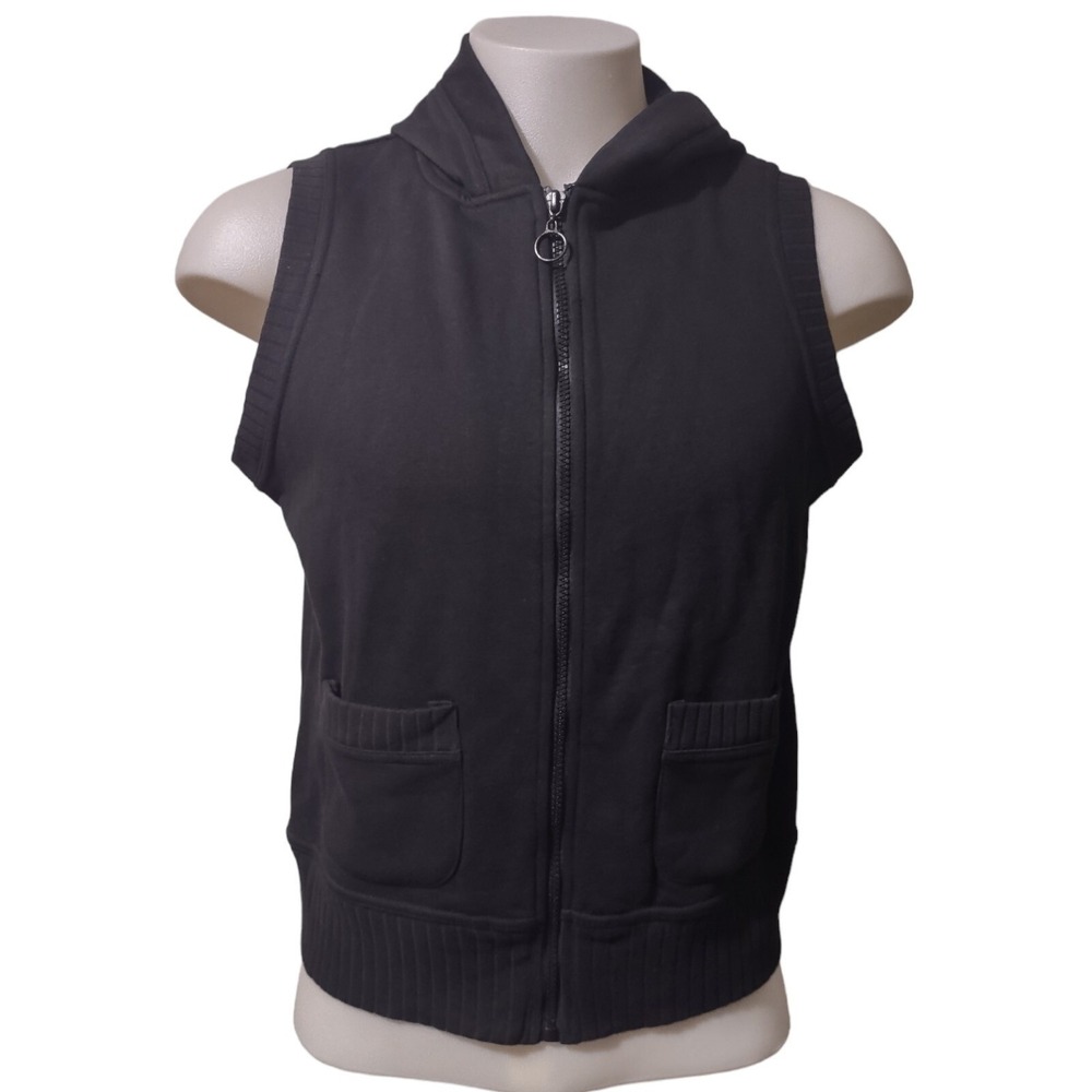 Wearever Sport Hooded Vest Woman's Large Full‎ Zip 2 Front Pockets Black Fleece